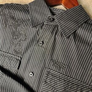 Rebel Spirit Button Down Shirt Men XL Black White Pinstripe Embroidered Long Slv